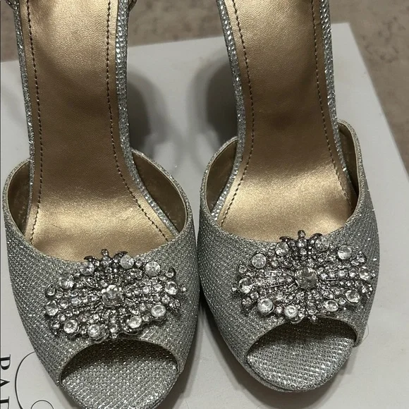 Badgley Mischka Silver Crystal Peep-Toe Ankle-Strap Heels - Picture 5 of 8
